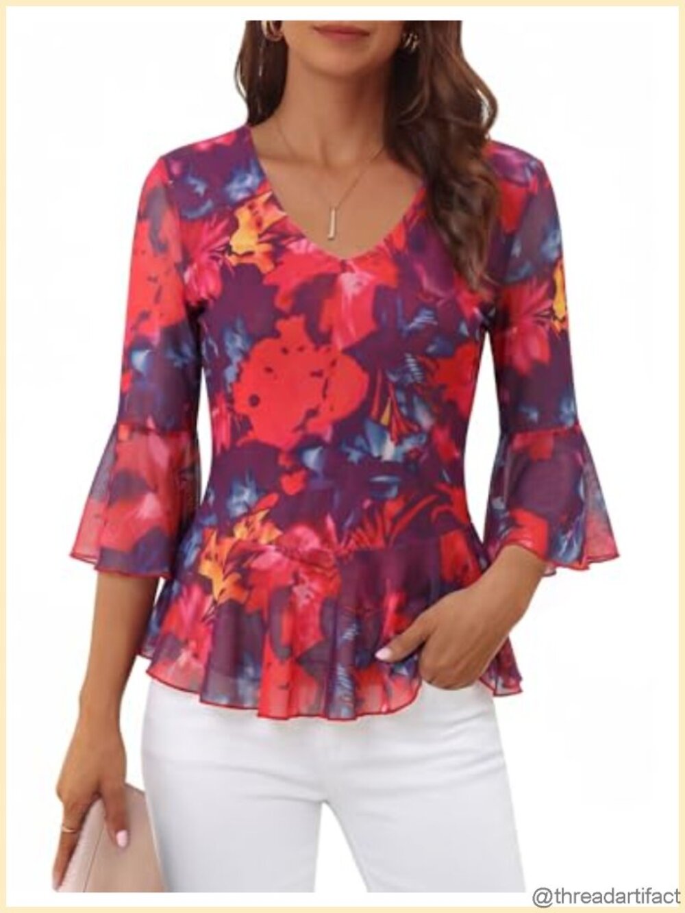 Womens 3/4 Sleeve Floral Blouse V-Neck Peplum Tunic Dressy Casual Top